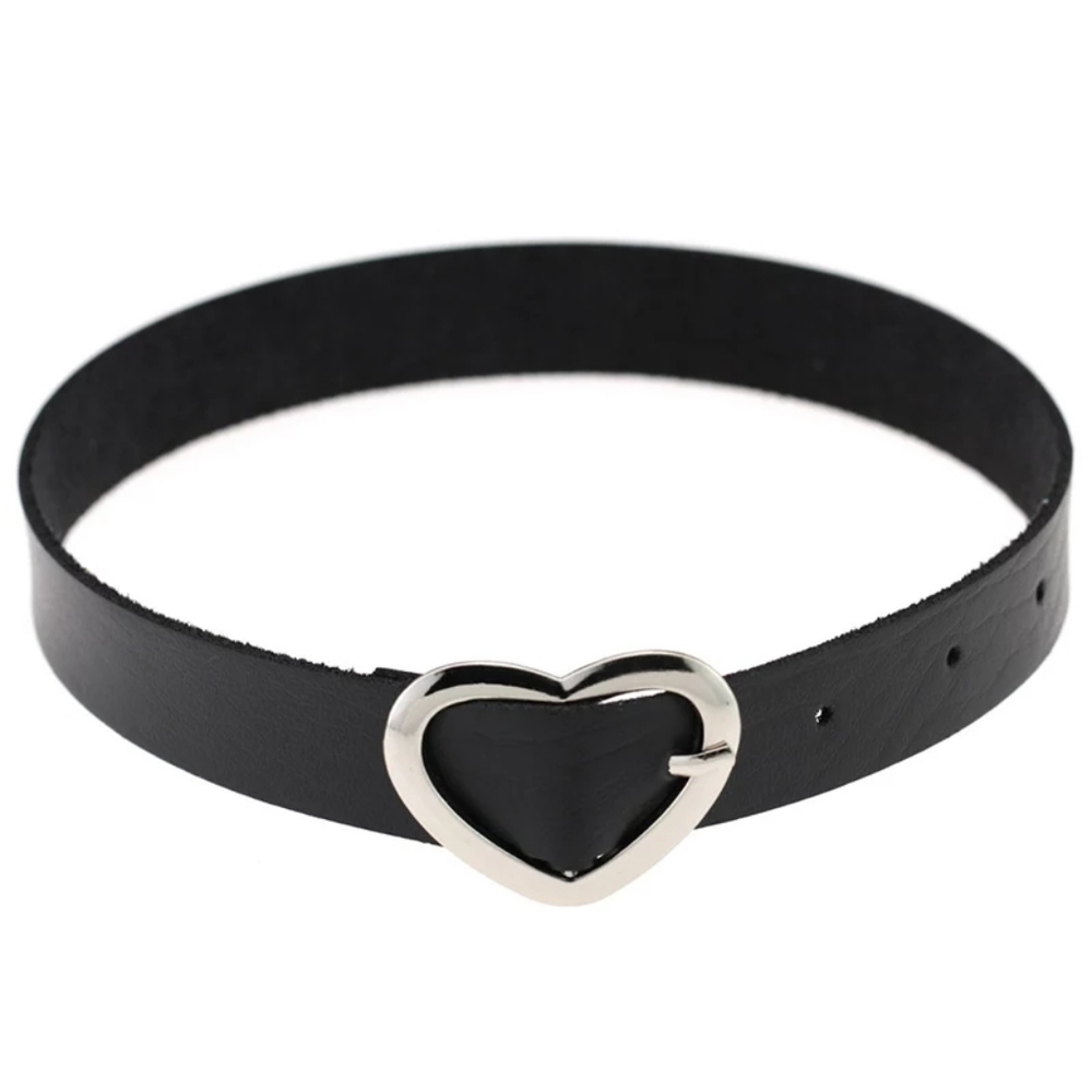 Black Leather Heart Buckle Dog Collar Choker